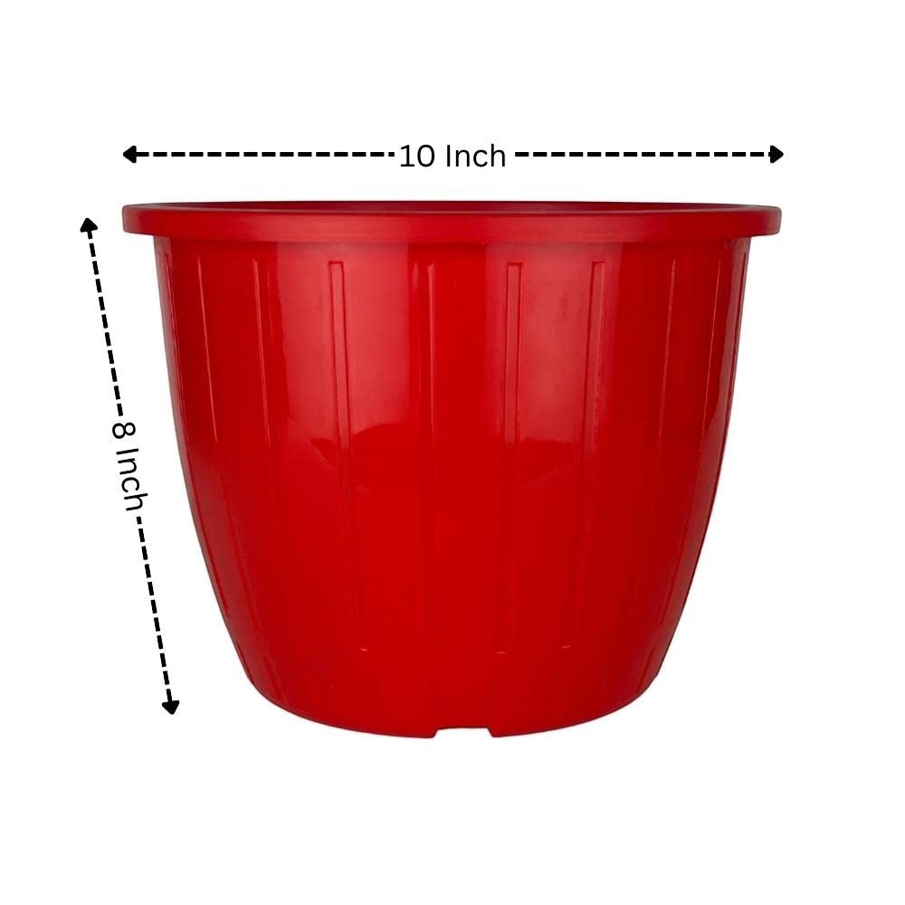 Go Hooked red 10-inch durable plastic flower pot with vertical ribbed texture. Ideal for indoor/outdoor gardening.