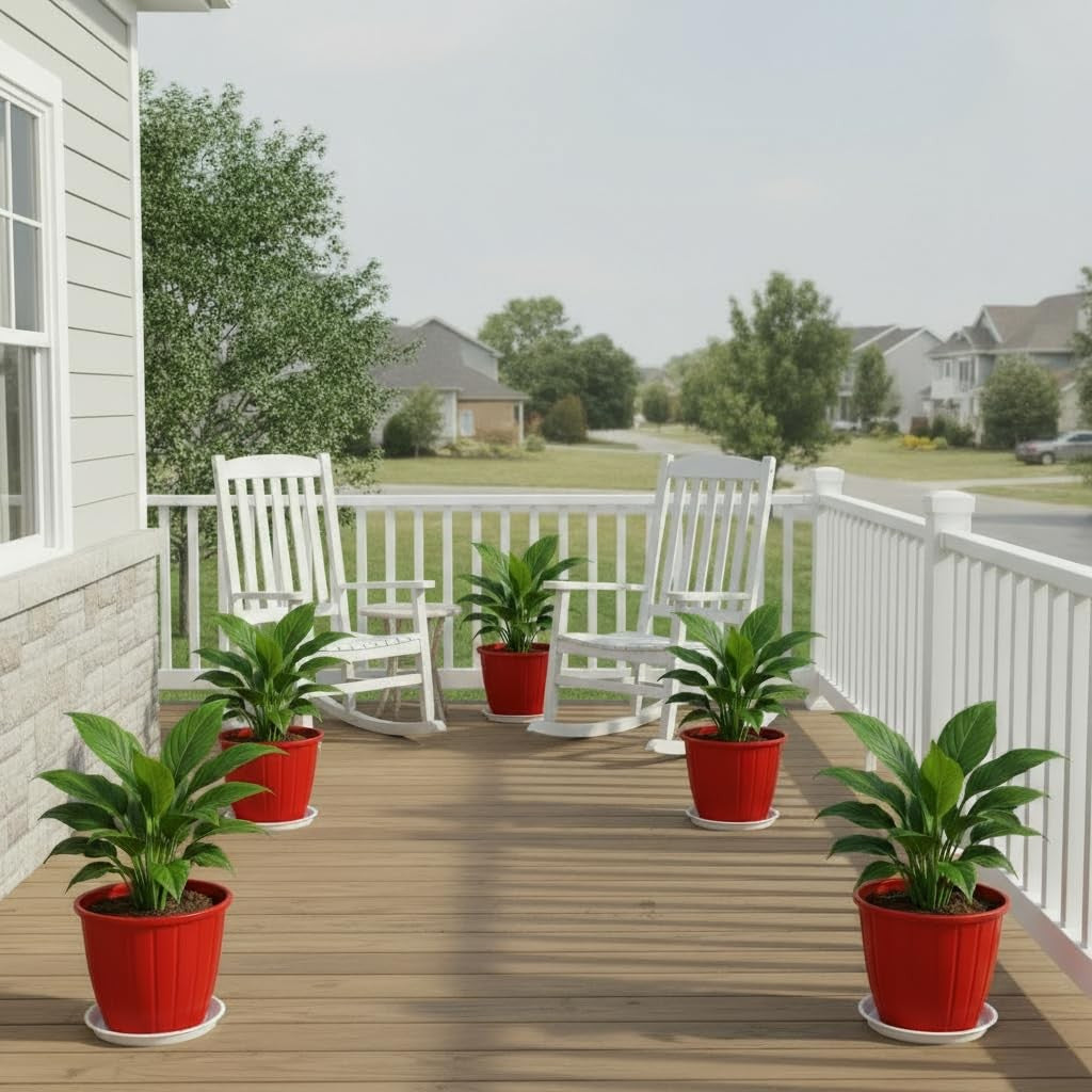 GoHooked red 8-inch plastic flower pots with trays, set of 5, for indoor/outdoor gardening.
