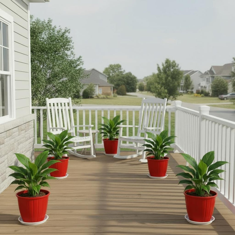 GoHooked red 8-inch plastic flower pots with trays, set of 5, for indoor/outdoor gardening.