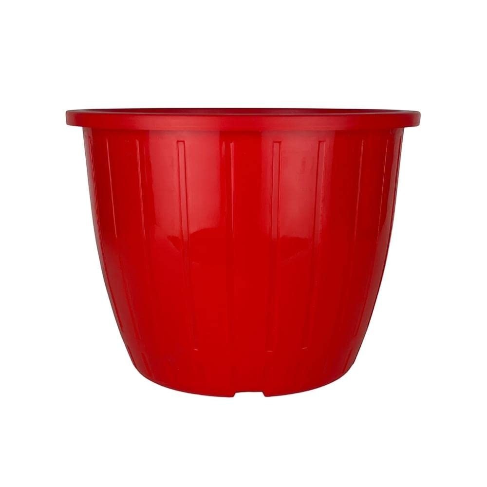 GoHooked red plastic flower pot, 8 inch, with tray. Durable, UV-stabilized polypropylene for indoor/outdoor gardening.