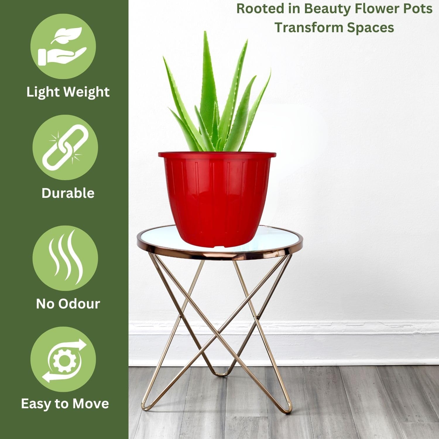 GoHooked red 8-inch plastic flower pot with tray, lightweight, durable, and easy to move.