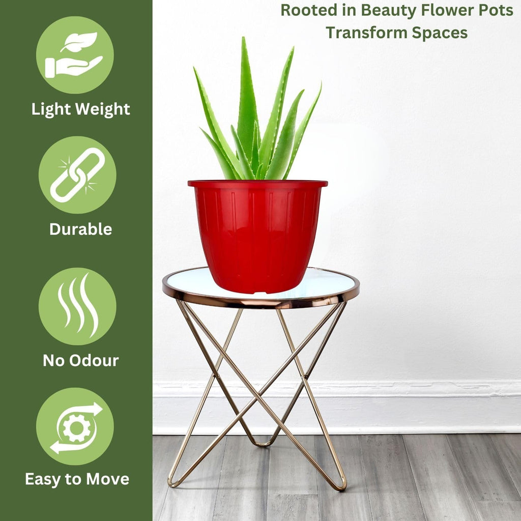 GoHooked red 8-inch plastic flower pot with tray, durable and lightweight for indoor/outdoor gardening.