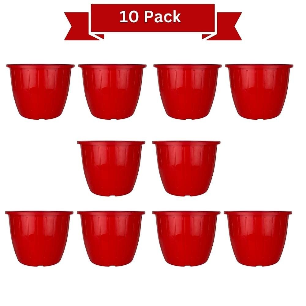 GoHooked 10-inch red plastic flower pots, pack of 10. Lightweight, durable, and suitable for indoor/outdoor gardening.