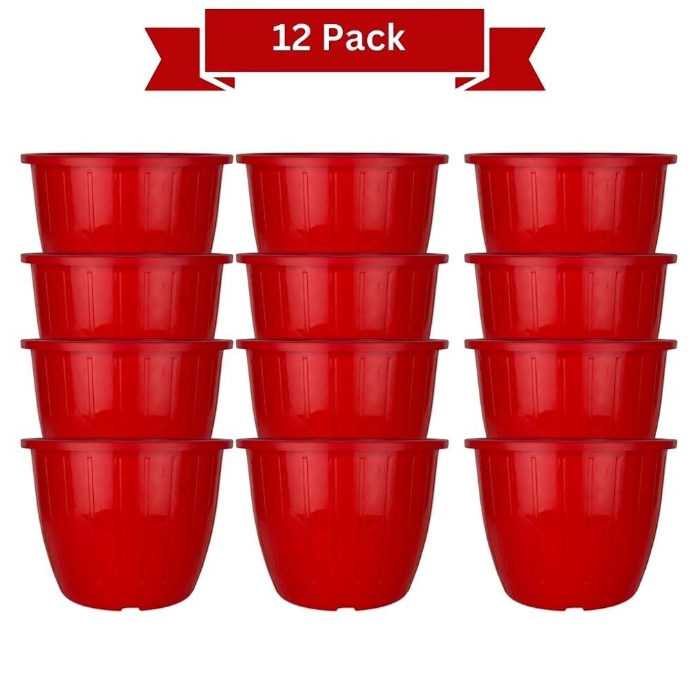 GoHooked 10-inch red plastic Duro flower pots, pack of 12. Lightweight, durable, and suitable for indoor/outdoor gardening.
