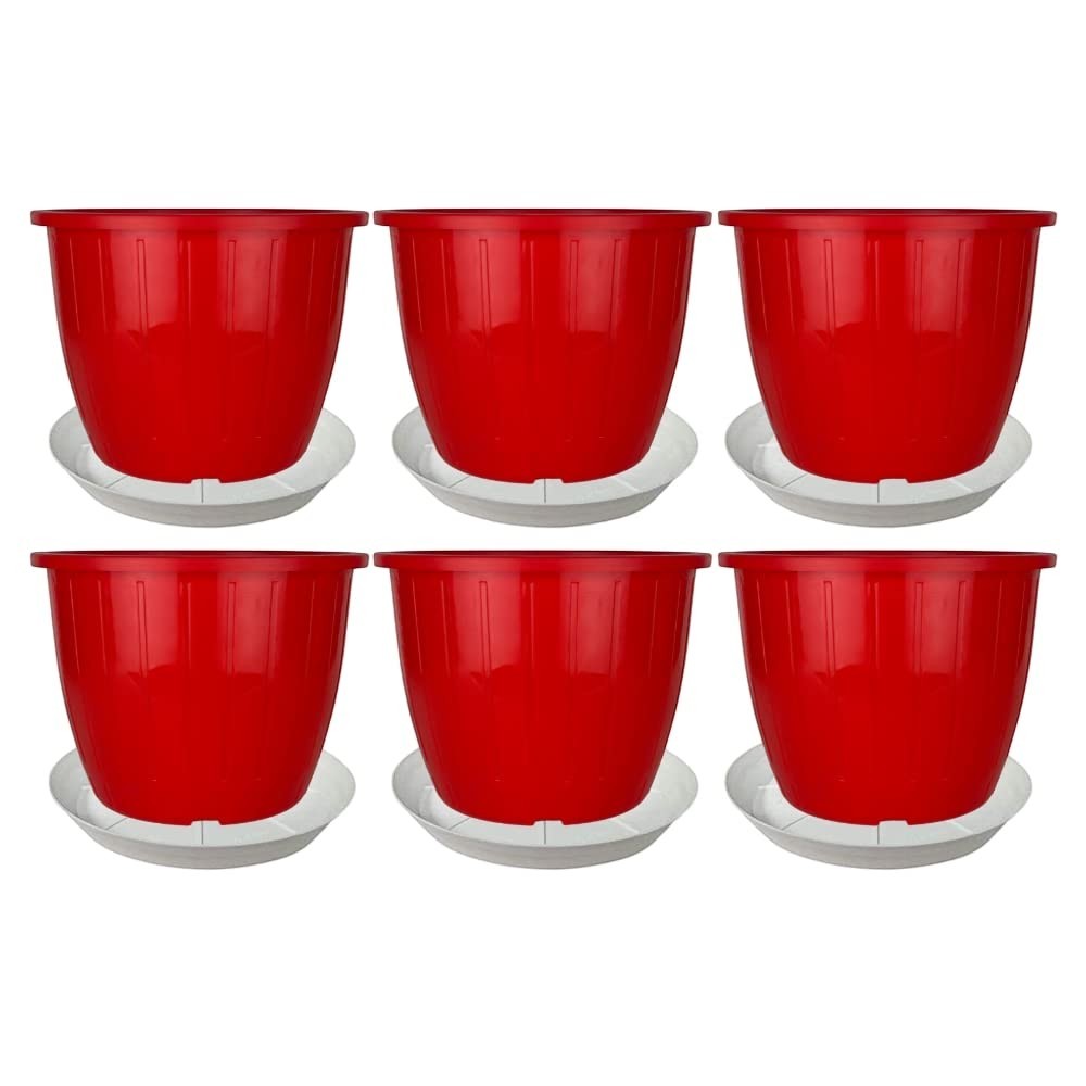GoHooked red plastic flower pots, 8 inch, pack of 6 with trays. Durable, UV-stabilized polypropylene for indoor/outdoor gardening.