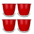 GoHooked red plastic flower pots, 8-inch, pack of 4 with trays, for indoor/outdoor gardening.