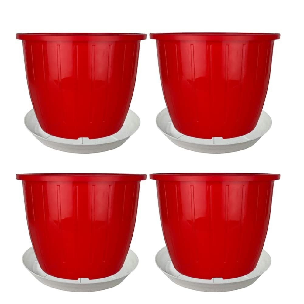 GoHooked red plastic flower pots, 8-inch, pack of 4 with trays, for indoor/outdoor gardening.