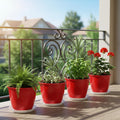 GoHooked red plastic flower pots (8 inch) with trays, set of 5, for indoor/outdoor gardening.