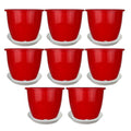 GoHooked red plastic flower pots, 8 inch, pack of 8 with trays, for indoor/outdoor gardening.