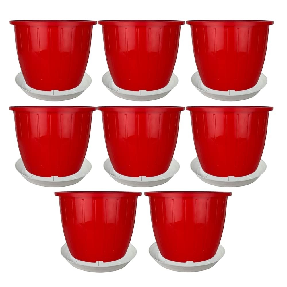 GoHooked red plastic flower pots, 8 inch, pack of 8 with trays, for indoor/outdoor gardening.