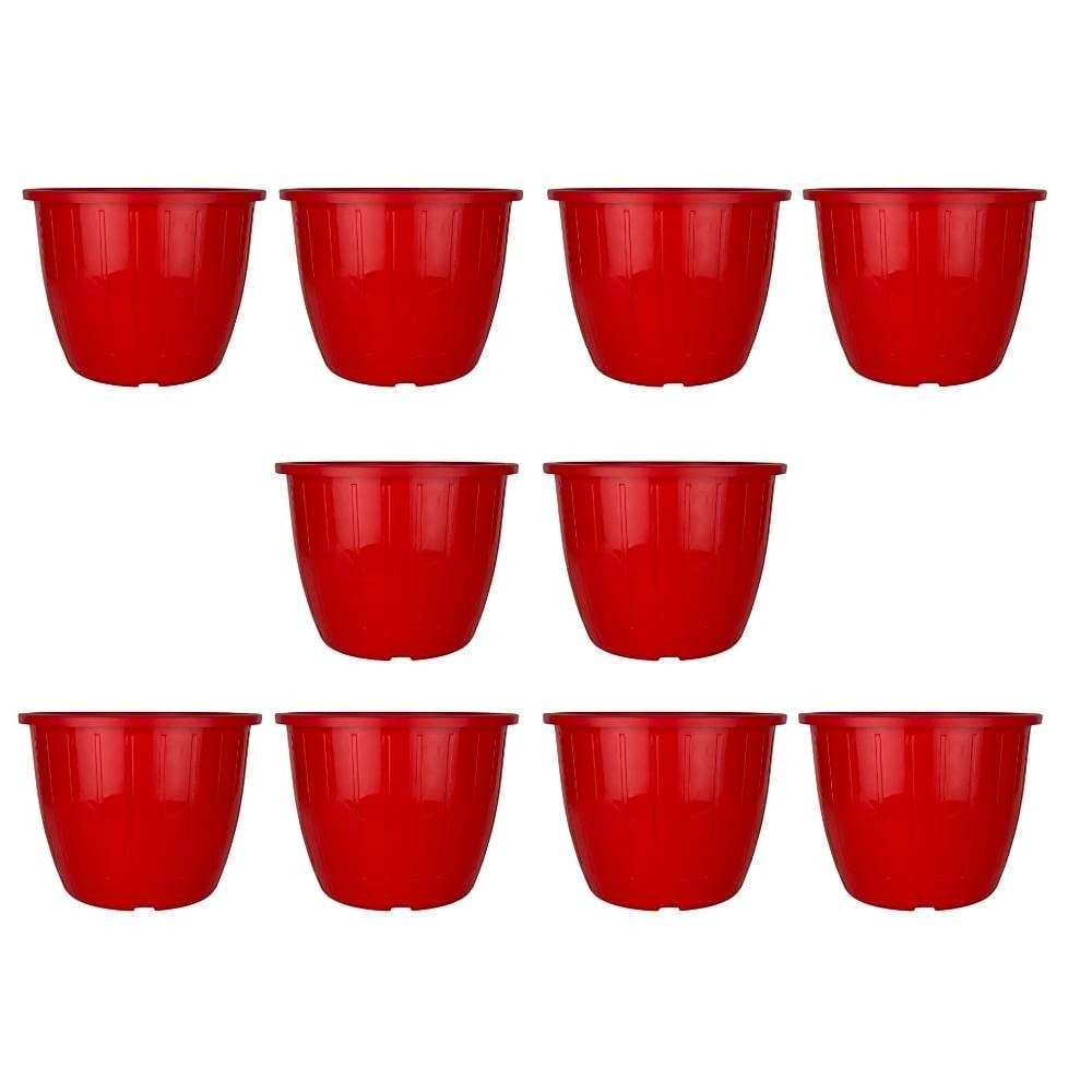 GoHooked red plastic Duro flower pots, 10-inch diameter, pack of 10. Lightweight and durable for indoor/outdoor gardening.