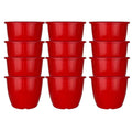 GoHooked red plastic Duro flower pots, 10-inch diameter, pack of 12. Lightweight, durable, and suitable for indoor/outdoor gardening.