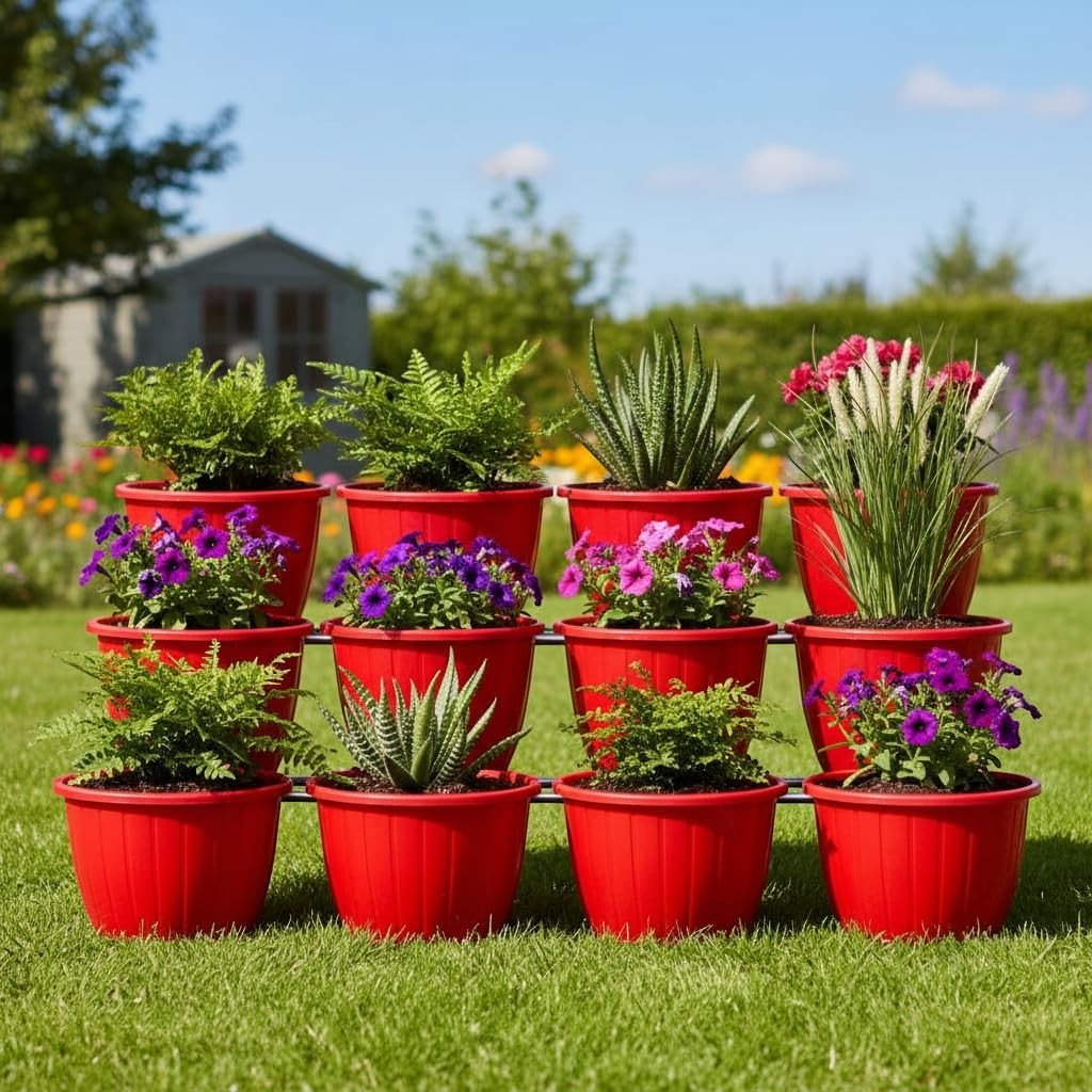 GoHooked 10-inch red plastic Duro flower pots, set of 12, with various plants on a sunny lawn.