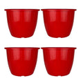 Go Hooked red plastic Duro flower pots, 10-inch, pack of 4. Lightweight, durable, and suitable for indoor/outdoor gardening.
