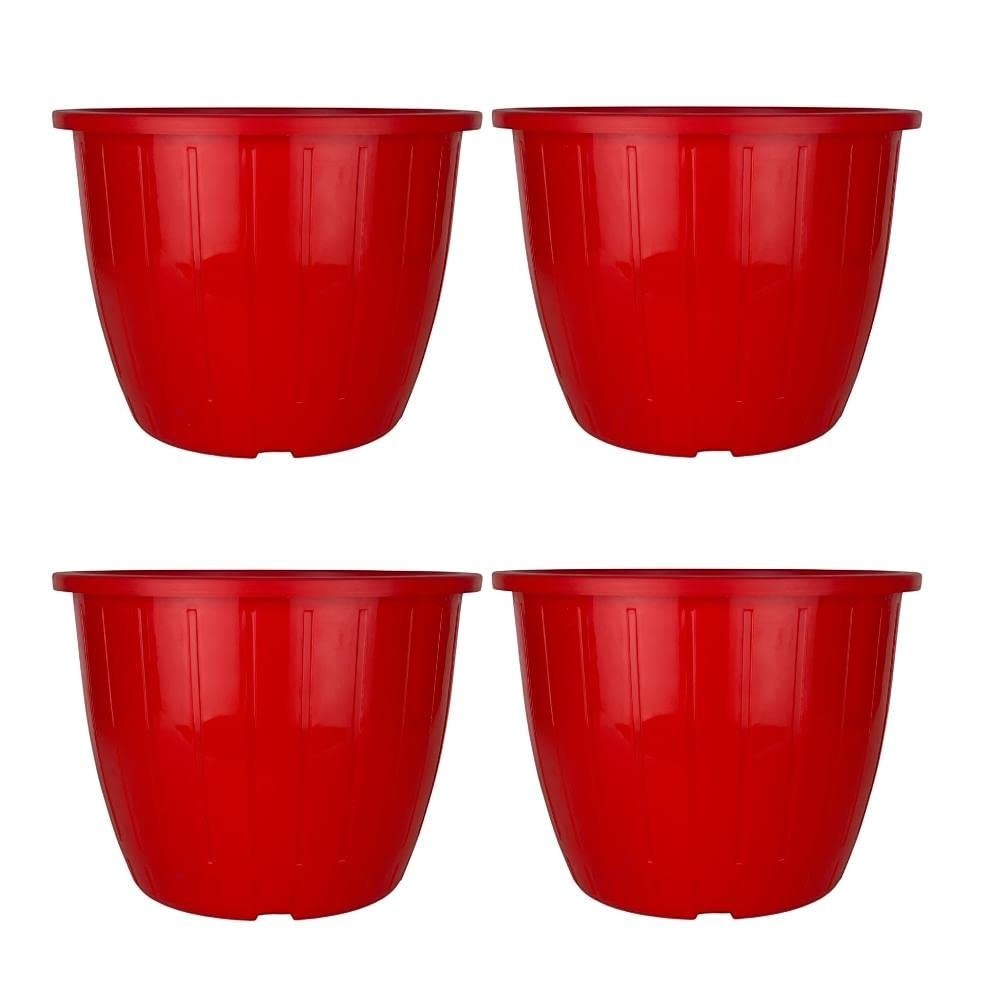 Go Hooked red plastic Duro flower pots, 10-inch, pack of 4. Lightweight, durable, and suitable for indoor/outdoor gardening.