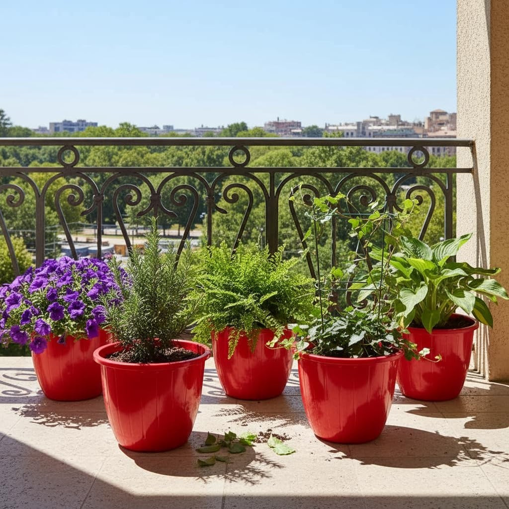 Go Hooked red 10-inch plastic Duro flower pots, pack of 5, for indoor/outdoor gardening. Features a sleek, modern design.