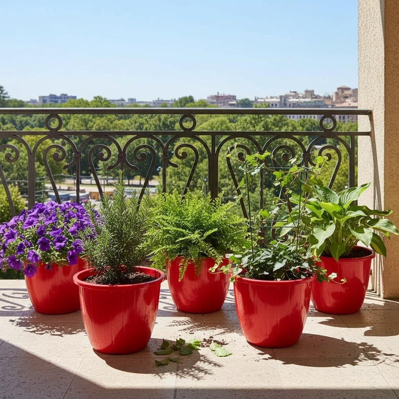 Go Hooked red 10-inch plastic Duro flower pots, pack of 5, for indoor/outdoor gardening. Features a sleek, modern design.