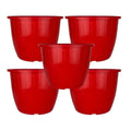 Go Hooked red 10-inch plastic Duro flower pots, pack of 5. Lightweight, durable, and suitable for indoor/outdoor gardening.