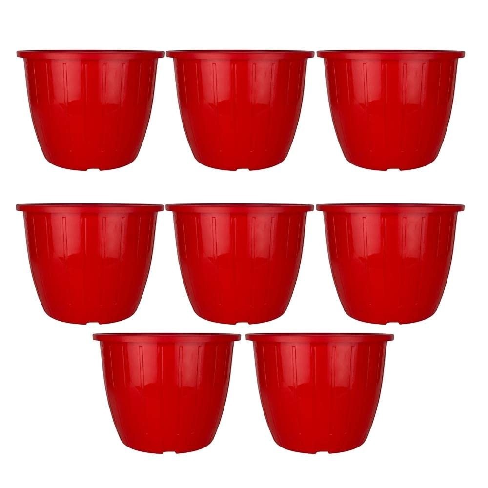 Go Hooked red plastic Duro flower pots, 10-inch, pack of 8. Lightweight, durable, and suitable for indoor/outdoor gardening.