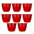 Go Hooked red plastic Duro flower pots, 10-inch, pack of 8. Lightweight, durable, and suitable for indoor/outdoor gardening.