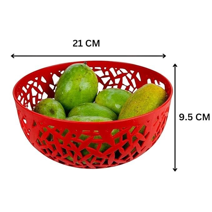 Go Hooked red plastic fruit bowl with decorative cutouts, 21cm wide and 9.5cm high. BPA-free.