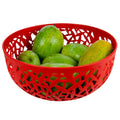 Go Hooked red plastic fruit bowl with decorative cutouts, holding green fruit. 21cm diameter, 9.5cm height.