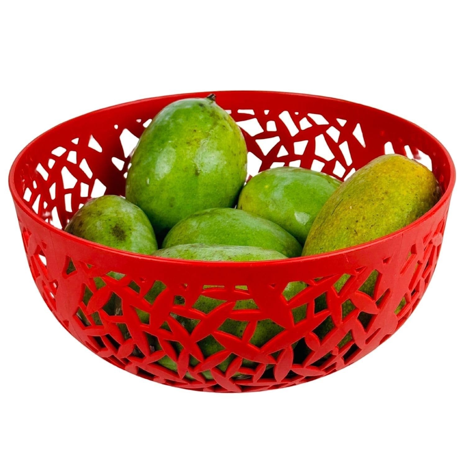 Go Hooked red plastic fruit bowl with decorative cutouts, holding green fruit. 21cm diameter, 9.5cm height.