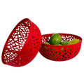 GoHooked red plastic fruit bowl with intricate cutout design, 21cm wide, 9.5cm height. Holds green fruit.
