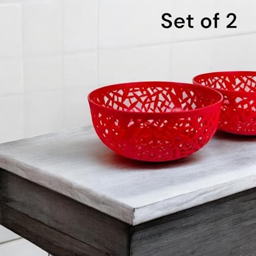 Go Hooked set of 2 red plastic fruit bowls with intricate cutout design. 21cm wide, 9.5cm high.
