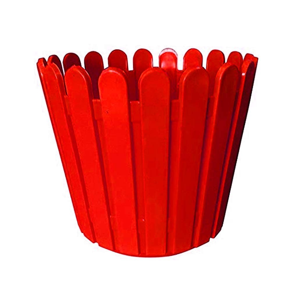 Go Hooked red plastic garden fence pot, 11 inch diameter, with a picket fence design.