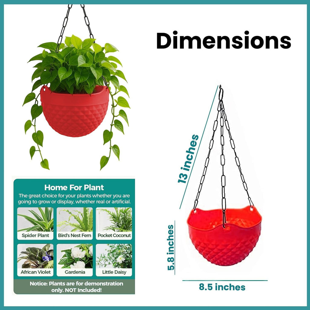 GoHooked red plastic hanging planter with metal chain, 8.5 inch diameter, woven crystal texture.