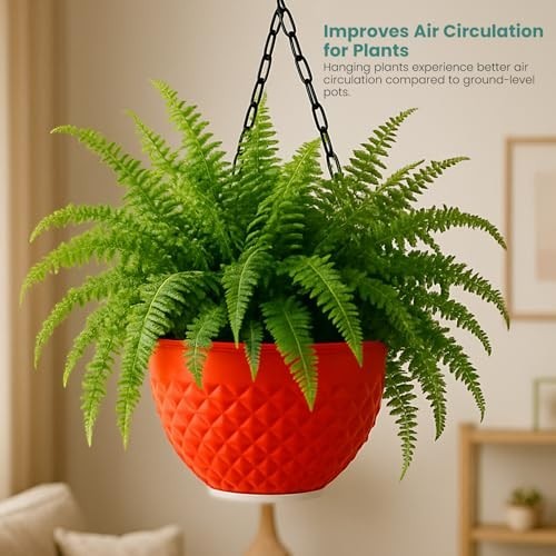 GoHooked red plastic hanging planter with diamond pattern and metal chain, holding a lush green fern.