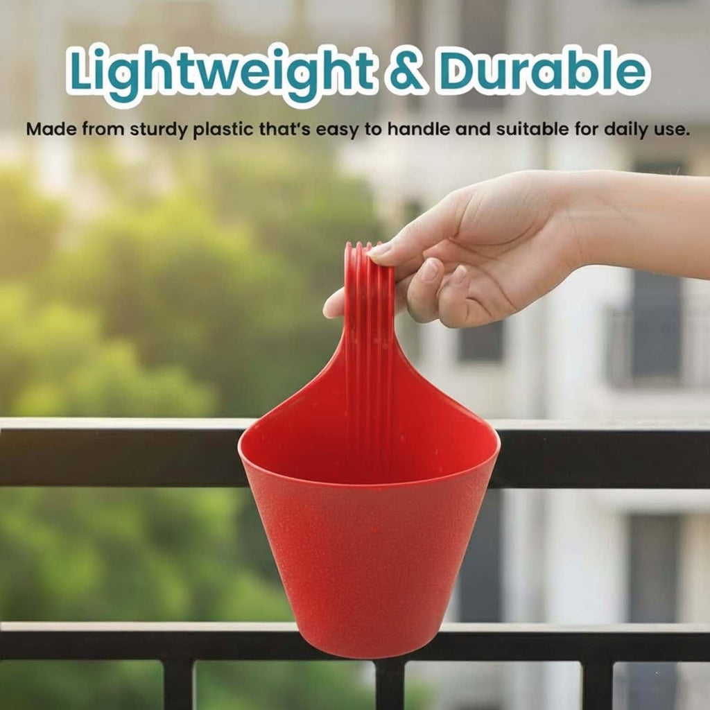 GoHooked red plastic hanging planter pot with double hooks, suitable for balconies and gardens.