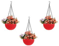 GoHooked 3 red plastic hanging planters with woven texture, filled with artificial flowers. Indoor/outdoor use.