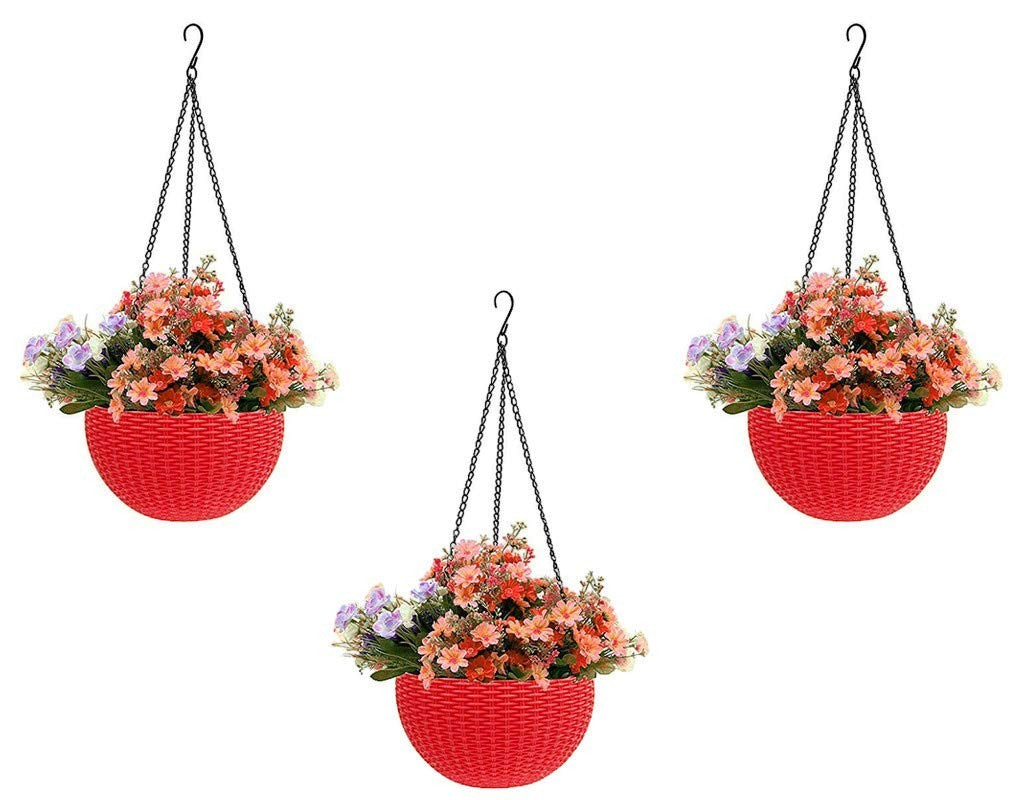 GoHooked 3 red plastic hanging planters with woven texture, filled with artificial flowers. Indoor/outdoor use.