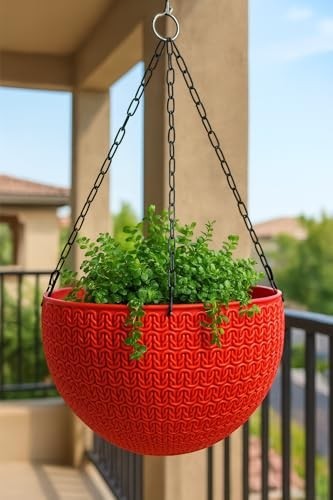 GoHooked red round plastic hanging planter with textured weave and metal chain, holding green plants.