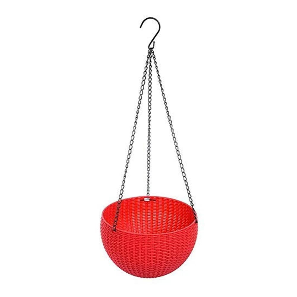 GoHooked red plastic hanging planter with woven rattan look, 7.1 inch diameter, 13 inch chain.