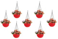 GoHooked red plastic hanging planters with woven texture, 7.1 inch diameter, filled with colorful flowers.