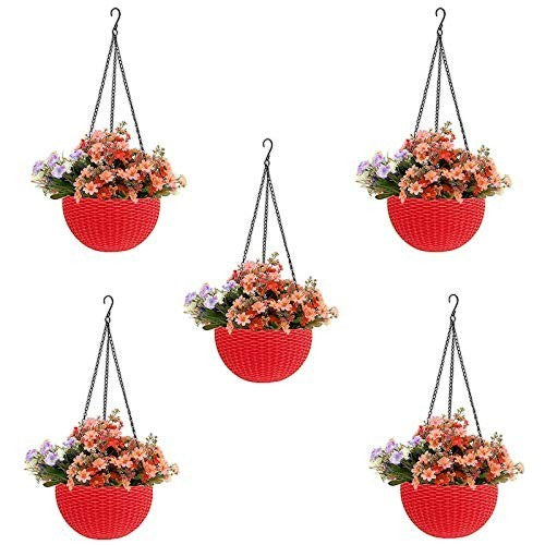 GoHooked red plastic hanging planters with woven texture, 7.1 inch diameter, filled with artificial flowers.
