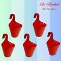 Set of 5 red plastic hanging planters by Go Hooked. Ideal for vertical gardens and balconies.