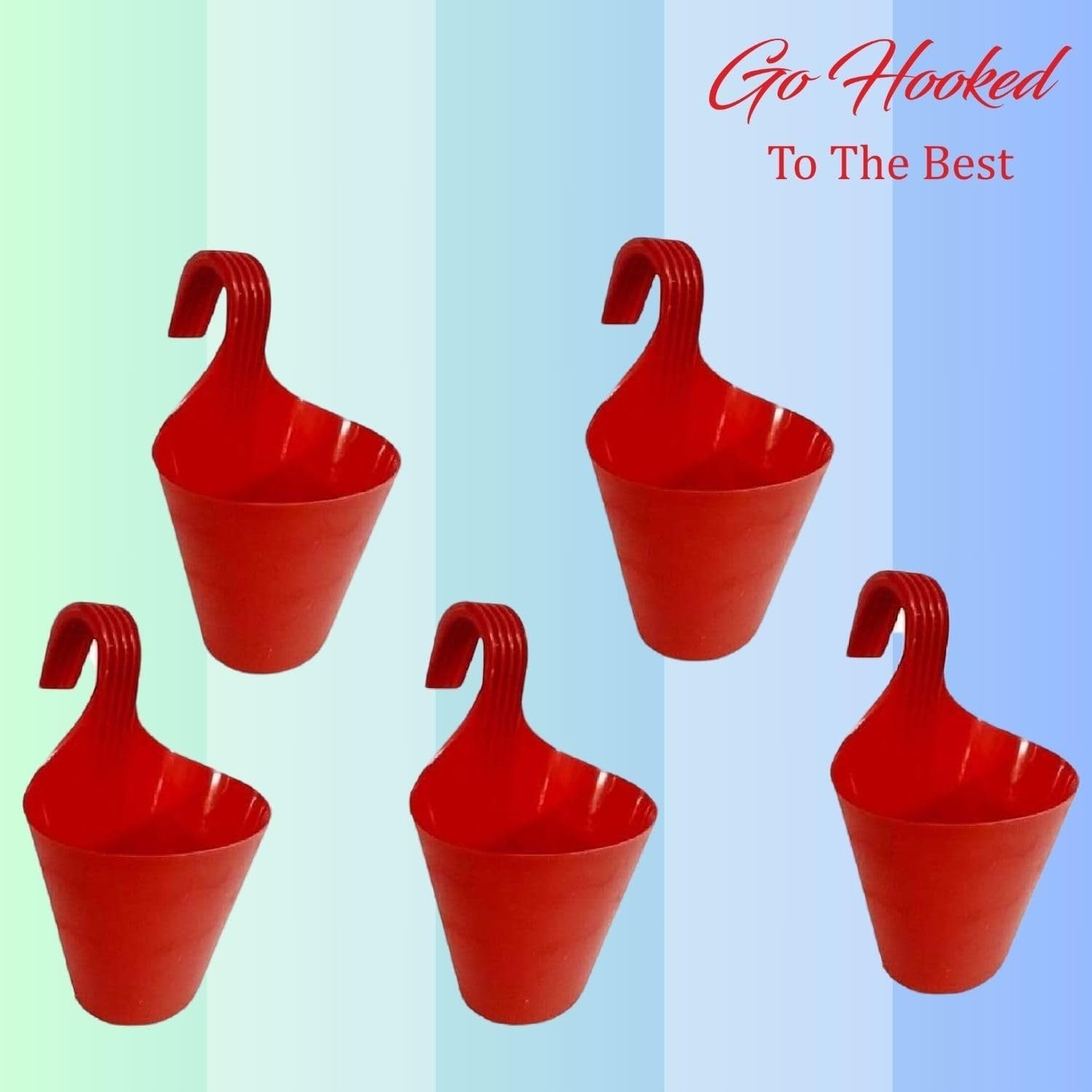 Set of 5 red plastic hanging planters by Go Hooked. Ideal for vertical gardens and balconies.