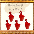 GoHooked Set of 5 red plastic hanging planters with curved hooks. Ideal for balconies and railing gardens.