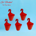 GoHooked red plastic hanging planters, set of 5, 22 cm diameter, ideal for balconies and vertical gardens.