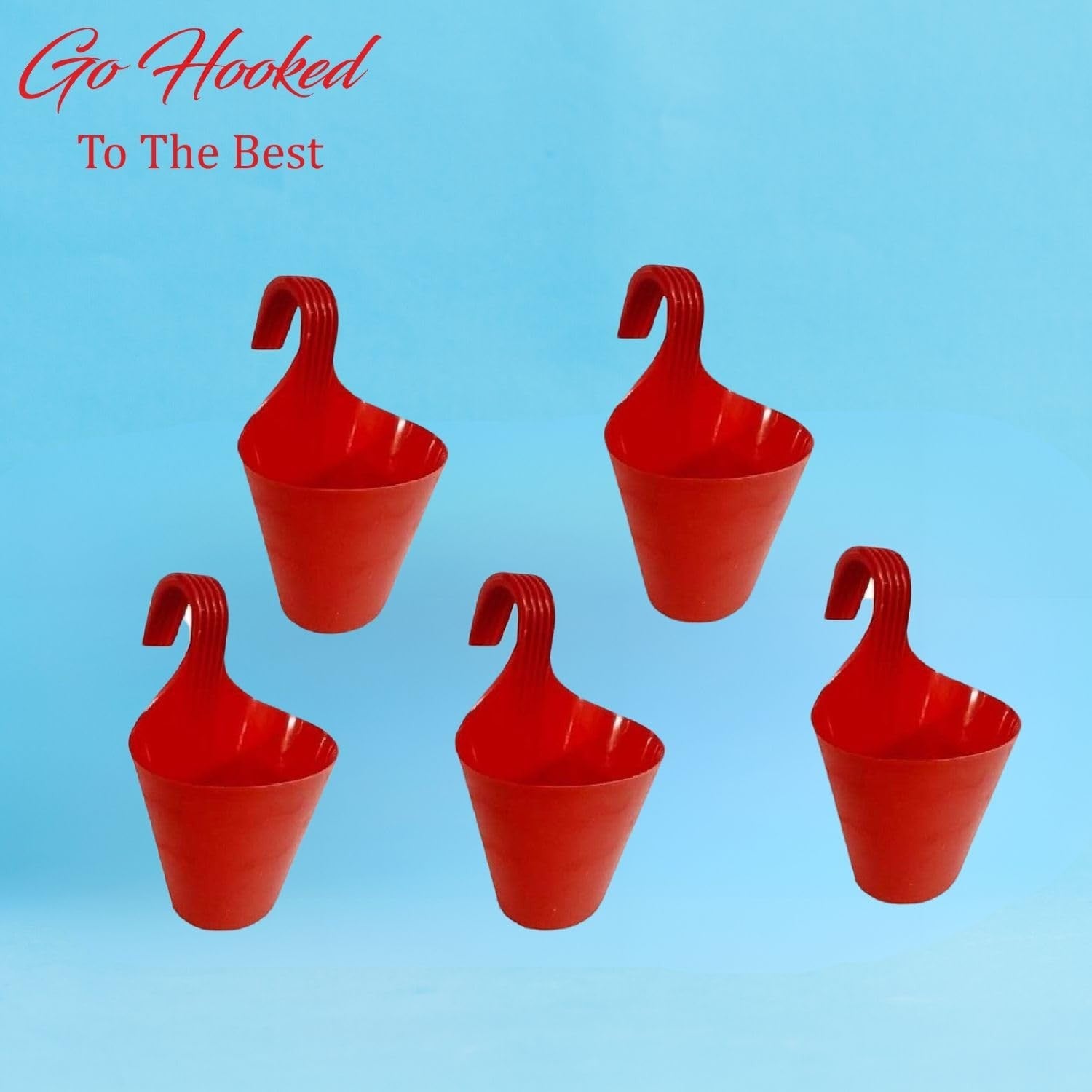 GoHooked red plastic hanging planters, set of 5, 22 cm diameter, ideal for balconies and vertical gardens.