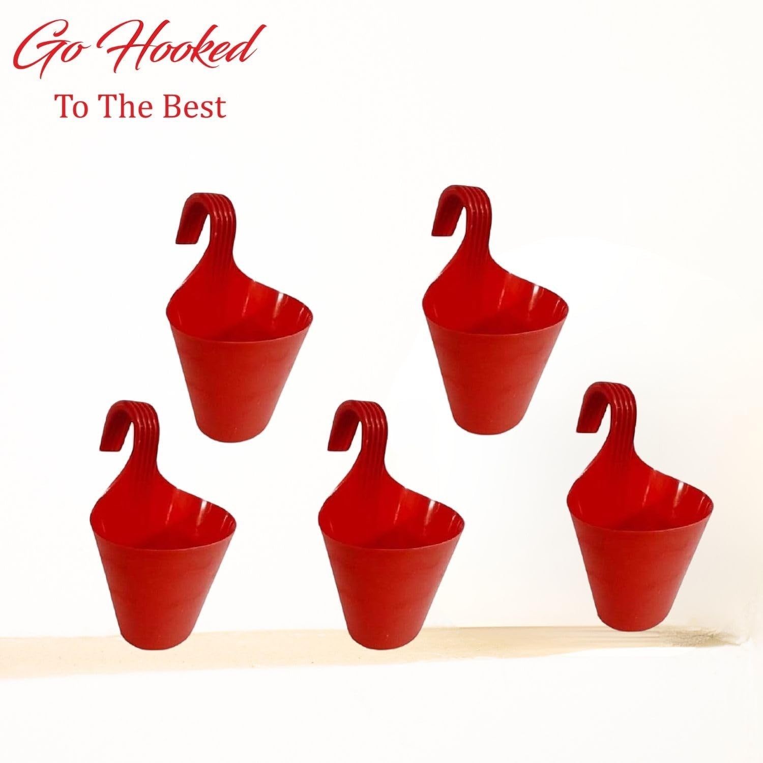 Set of 5 red plastic hanging planters by GoHooked, ideal for vertical gardens and balconies.