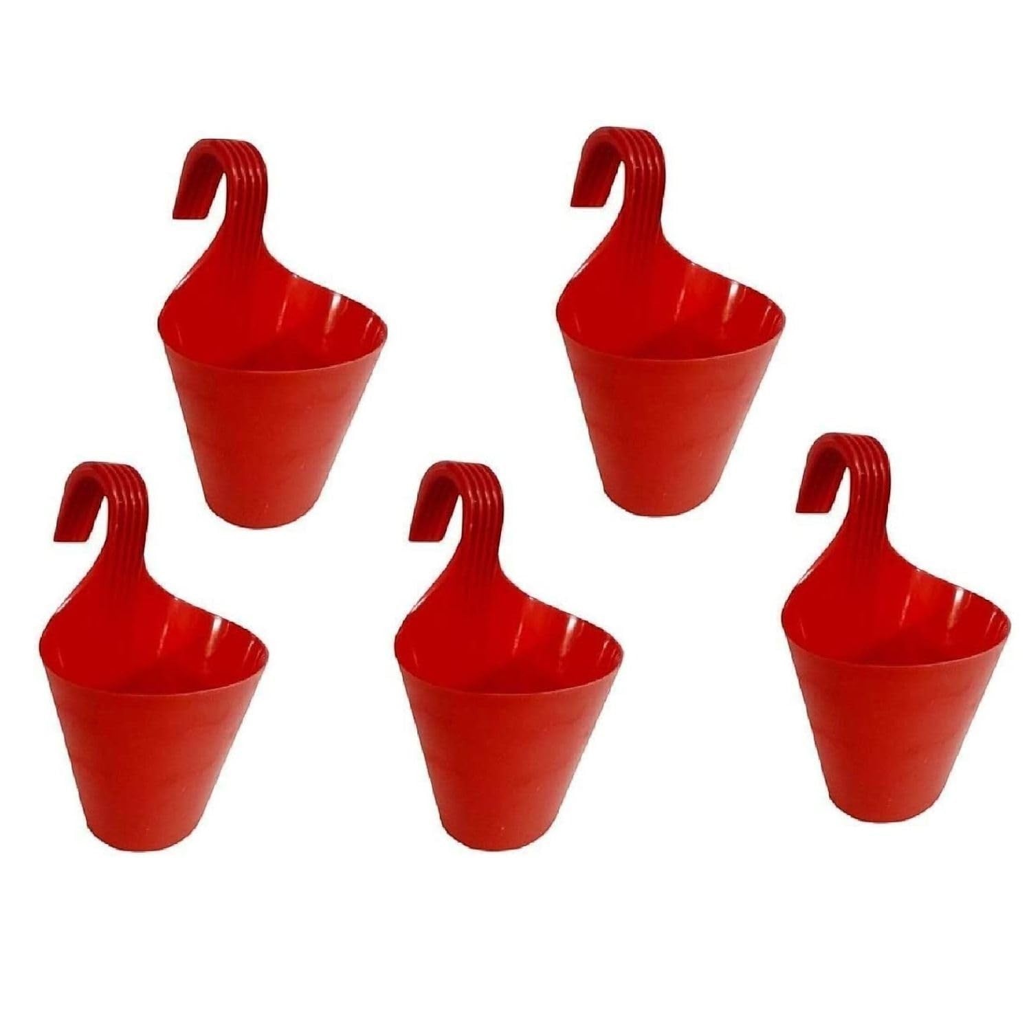 GoHooked red plastic hanging planters, set of 5, 22cm diameter, for vertical gardens and balconies.