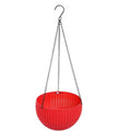 GoHooked red plastic hanging pot with woven texture and metal chain, 7.1 inch diameter