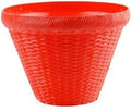 GoHooked red plastic round hanging pot with woven texture, 9 inch diameter, ideal for indoor/outdoor use.
