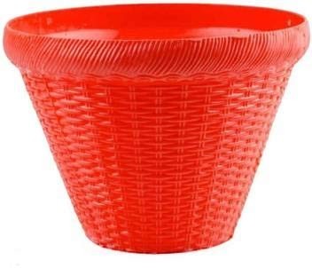 GoHooked red plastic round hanging pot with woven texture, 9 inch diameter, ideal for indoor/outdoor use.
