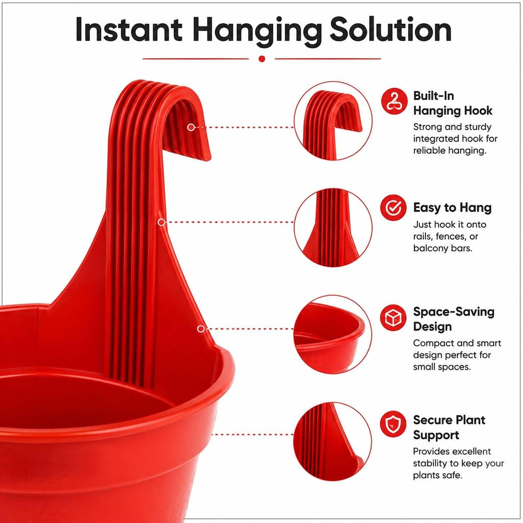 GoHooked red plastic hanging pot with built-in hook for balcony railings, space-saving design.